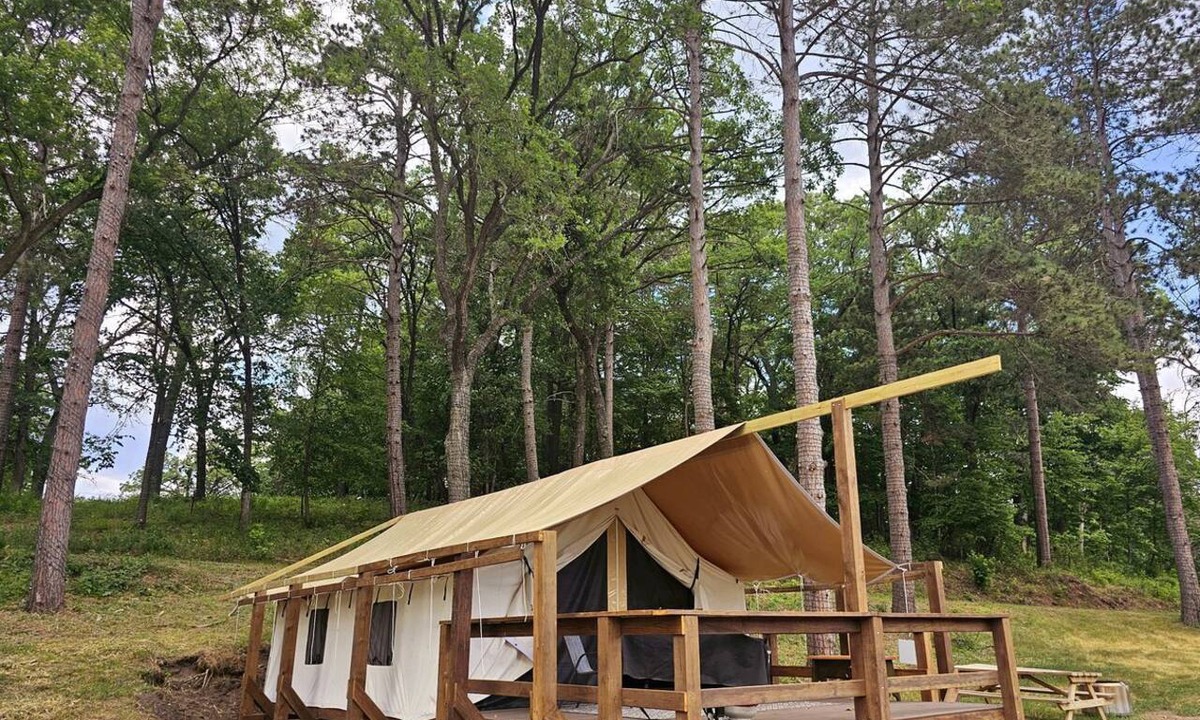 St Croix Falls RV Rental | Incredible Tented Cabin Ideal for Glamping with Fireplace and Barbecue in Saint Croix Falls, Wisconsin