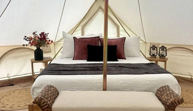 Enchanting Mountain Glamping Tents with Elevated Decks and Fire Pit Near Gentry, AR